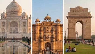 Golden Triangle Tours featuring Delhi, Agra and Jaipur landmarks, highlighting a well-planned North India travel route.
