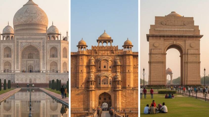 Golden Triangle Tours featuring Delhi, Agra and Jaipur landmarks, highlighting a well-planned North India travel route.