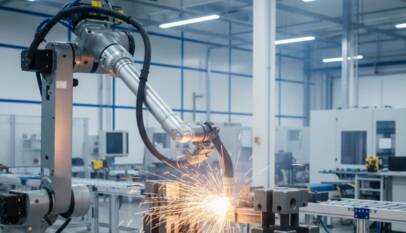 robotic welding automation system welding metal components in factory