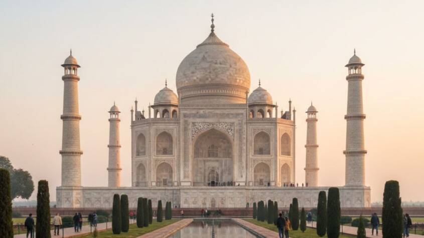 Early morning view of the Taj Mahal with soft light and minimal crowds, ideal timing for a well-planned Taj Mahal tour package.