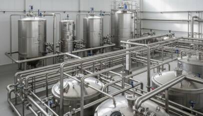 Industrial wastewater recycling plant with stainless steel tanks and piping used for water treatment and reuse.