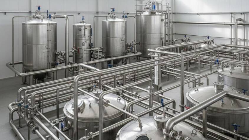 Industrial wastewater recycling plant with stainless steel tanks and piping used for water treatment and reuse.